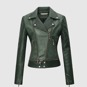 Chaqueta de moto de piel sintética con bloques de color para mujer, cuello alto, manga larga, cierre de cremallera, longitud regular, estilo biker de otoño - Product Image 3