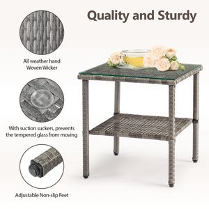 Tavolino da Esterno Quadrato a Doppio Strato in Rattan Grigio Sfumato con Piano in Vetro - Product Image 4