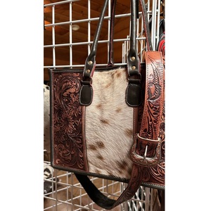 Western Leather Cowhide Tote Bag Hand Tooled Floral Purse Hair-On Shoulder Messenger Handbag Cowgirl Travel Bag with <b>Strap</b> - Product Image 3