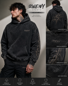 Sudadera con Capucha para Hombre SINEWY SPORTS, Lavado Ácido, Corte Regular, Estilo Urbano, 100% Poliéster Fleece, Diseño Personalizado Impreso y Bordado, Color Negro - Product Image 1