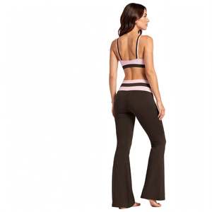 <b>Womens</b> Double Waist 4-Piece <b>Striped</b> High-Waisted Front V-neck Halter Crop Tops Capri <b>Shorts</b> Spandex/Nylon Quick Dry Fitness - Product Image 5