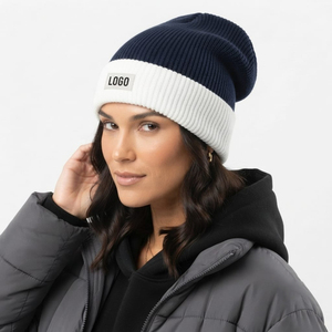 Wholesale Two Tone Rib Knit Beanie Custom Woven Label Cuffed <b>Hat</b> Warm <b>Winter</b> Wear Fashion Headwear For <b>Men</b> Women Custom Logo - Product Image 4