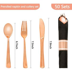 Set di posate in plastica color oro rosa pre-rollate, 50 pezzi, kit monouso per feste, 50 forchette, 50 cucchiai, 50 coltelli, tovaglioli inclusi - Product Image 4