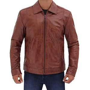 Chaqueta de Motociclista de Cuero Genuino Marrón para Hombre, Cuello Camisero, Cierre de Cremallera, Corte Regular, para Otoño - Product Image 6