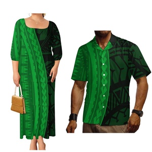 Ensemble polynésien de luxe : Robe ample à volants pour femme (grandes tailles) et chemisier décontracté pour homme, motifs de tatouages polynésiens et samoans - Product Image 5