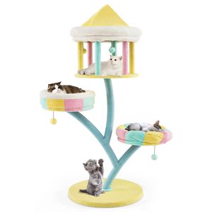 Árbol rascador multinivel para gatos - 2 perchas desmontables, postes rascadores y juguetes colgantes - Centro de actividades acogedor de piel sintética para gatos - Product Image 4