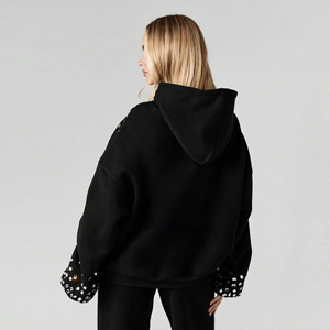 Black Sequined Bomber <b>Jacket</b> 100% Cotton Anti-Pilling Zipper Closure Loose Fit Winter Unisex with <b>Rhinestone</b> Embellishment - Product Image 5