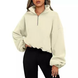 <b>Women's</b> <b>Quarter</b> <b>Zip</b> Cropped <b>Sweatshirt</b> Long Sleeve 3D Embroidery Front Logo Streetwear - Product Image 2