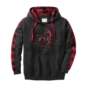 Sweat-shirt en molleton à capuche gris pour homme avec broderie de dragon et manches à carreaux, coupe classique, vêtement décontracté pour l'automne - Product Image 3