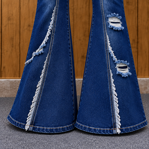 Vaqueros acampanados de mezclilla de pierna ancha para mujer, estilo cómodo con dobladillo acampanado, desgastados y rasgados, de longitud completa, estilo casual con letras. - Product Image 6