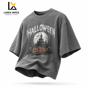 เสื้อยืดฮาโลวีนผู้ชายทรงโอเวอร์ไซส์ สีเทา ผ้าฝ้าย พิมพ์ลายฟักทอง หลุมศพ ค้างคาว ปราสาท แขนสั้น สไตล์ลำลอง โกธิค สตรีทแวร์ - Product Image 1