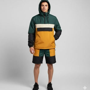 ชุดเซ็ตเสื้อแจ็คเก็ตและกางเกงขาสั้นกันลมแบบมีซิป OEM สำหรับผู้ชาย ชุดสองชิ้นแบบกำหนดเอง ผ้าไนลอนสะท้อนแสง ชุดเซ็ตเสื้อแจ็คเก็ตและกางเกงขาสั้นกันลมแบบสองชิ้น OEM - Product Image 6