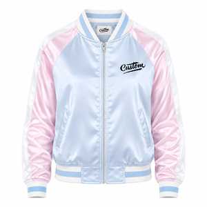 เสื้อแจ็คเก็ตบอมเบอร์ผู้ชายสีฟ้าอ่อนชมพูแบบมีแถบสีตัดกัน ปักโลโก้ด้านหน้า ปิดด้วยเชือกผูก ผ้าซาติน เหมาะสำหรับฤดูหนาว - Product Image 3