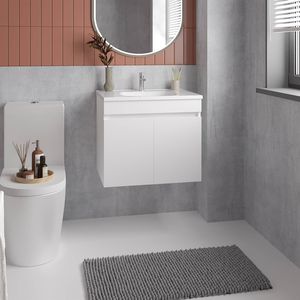 Mobile Bagno Sospeso Bianco Chaux con Doppia Anta, Lavabo in Resina e Due Ripiani, Ampia Soluzione di Stoccaggio - Product Image 1