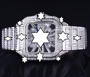 Nouvelle conception, montre mécanique de luxe faite à la main en acier inoxydable, boîtier carré, verre saphir, analogique, fermoir à bouton-poussoir, diamants baguette - Product Image 2