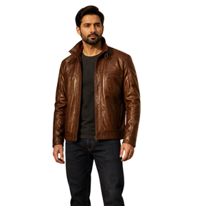 <b>Men</b> <b>Genuine</b> <b>Leather</b> <b>Jacket</b> With Stand Collar Full Zip Closure Multi Pocket Design Vintage Motorcycle Riding Casual Outdoor Biker - Product Image 2