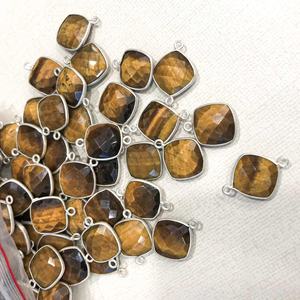 8mm-14mm Natural Tiger Eye Faceted <b>Cushion</b> Gemstone Silver Bezel Connector Pendant Supplier Handmade 925 Sterling Silver Pendant - Product Image 3