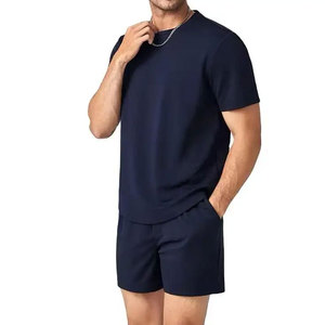 100% cotton <b>Men's</b> <b>Navy</b> <b>Blue</b> Short Sleeve O-Neck <b>T</b>-<b>Shirt</b> Shorts Set Regular Fit Casual Breathable 100% Cotton Jersey Solid Color - Product Image 5