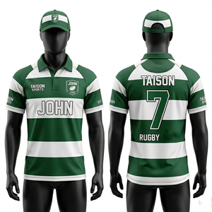 Maillot de rugby pour homme, tissu polyester respirant de haute qualité, beige et noir, design à panneaux horizontaux, logo sublimé. - Product Image 4