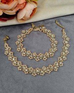 Paire de chevillères exquises en cristal perlé, finition or antique, bijoux de pied délicats pour mariage indien, Payal, ornés de pierres, vente en gros - Product Image 2