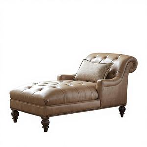 Chaise longue capitonnée en cuir avec accoudoirs roulés, canapé-lit classique en cuir marron pour salon, chambre, hôtel, mobilier de salon - Product Image 2