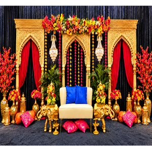 Marco de Fondo para Escenario de Boda Musulmana de Lujo con Grabados Dorados, Compre un Marco de Escenario para Boda Musulmana de Estilo Tradicional Marroquí en Australia - Product Image 1