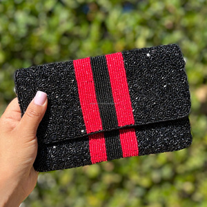 Luxury Handmade Durable Foldable Beaded Silk Stripe Clutch <b>Bag</b> Black Red Elegant Evening Purse Valentine's Day Magnetic Closure - Product Image 5
