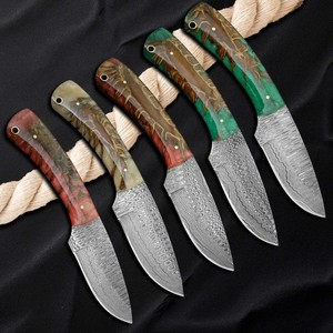 Couteaux de chasse et de camping en acier Damas à lame fixe, manche en forme de cône de pin, manche intégral, étui en cuir OEM, vente en gros - Product Image 2