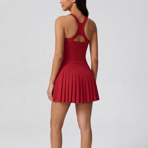Robe de tennis ajustée rouge pour femme, sans manches, col halter, jupe, tenue de sport d'été, polyester respirant - Product Image 3
