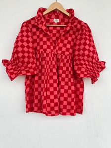 Women Red Pink Checkered Cotton Blouse Ruffle Collar Babydoll <b>Top</b> Casual Summer Boutique Shirt Elastic Cuff Boho Spring Blouse - Product Image 1