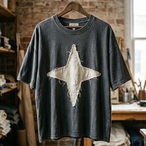 Camiseta Negra Deslavada con Efecto Ácido para Hombre, Estilo Y2K Grunge, Algodón Grueso, Hombros Caídos, Parche de Estrella Cosido, Camisetas Oversize - Product Image 2