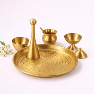 Religious Decor Brass Pooja Thali Set Traditional Design Puja Plate with Diya Bell Kalash <b>Mandir</b> Use - Product Image 1