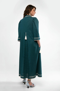 เดรสยาวปักลายดอกไม้สไตล์โบฮีเมียน ผ้าฝ้าย สีเขียวอมฟ้า แขนสามส่วน สไตล์วินเทจ ลายชนเผ่า สำหรับผู้หญิง - Product Image 5