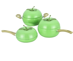 Ensemble de casseroles en forme de pomme verte, 1 pièce, revêtement antiadhésif en émail, aluminium, poignées en plastique, couvercles en verre + silicone - Product Image 1