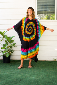 Tye-Dye 100% Cotton Long Beach <b>Kaftan</b> Bohemian Eco-Friendly Dress V-neck Breathable Asymmetrical Knee-Length Long Sleeve - Product Image 2