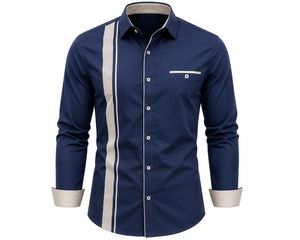 Chemise habillée noire à blocs de couleur pour homme, manches longues, motif uni, col montant, en tissu tricoté, style décontracté chic, idéale pour le printemps - Product Image 2