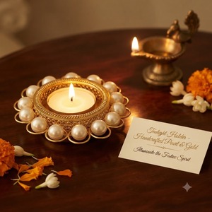 Supports de bougies chauffe-plat en filigrane métallique plaqué or, faits à la main, de luxe, écologiques, durables, avec perles exquises, pour Diwali, mariage et décoration intérieure - Product Image 3