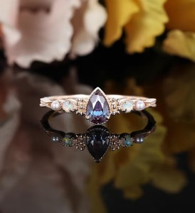 Bague de fiançailles en argent sterling 925 plaqué or rose Alexandrite, pierre précieuse à changement de couleur, bijoux de mariage vintage - Product Image 1