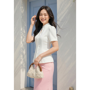 Blusa Elegante Blanca para Mujer, Cuello Mandarín, Manga Corta, Peplum, Botones, Color Sólido, Primavera/Verano, DORIS - Product Image 4