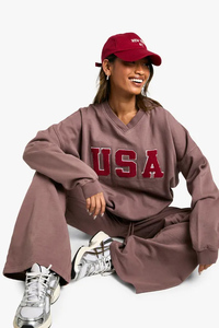 Pantalones deportivos de mujer 100% algodón color moca con estampado de bolsillo estilo americano, de pierna recta, de felpa suave, pantalones de chándal para mujer. - Product Image 5