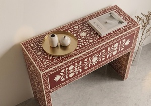 Table console en bois avec incrustations de os, fabrication artisanale indienne, rouge antique, pour entrée, hall, salon, table d'appoint - Product Image 4