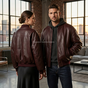 Custom Men <b>Burgundy</b> Bomber <b>Leather</b> <b>Jacket</b> Wholesale Oversized Sheepskin Flight Coat Winter Warm Padded Puffer Outwear - Product Image 6