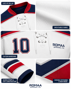 Camiseta de hockey sobre hielo para hombre, sublimada, personalizada, en blanco, azul marino y rojo, con cuello con cordones y nombre y número personalizados. - Product Image 2