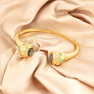 Bracelet manchette en laiton massif plaqué or 18 carats, labradorite naturelle, accent chalcédoine aqua et zirconiums cubiques, style bohème, bijoux pour femme - Product Image 2