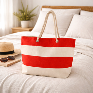 Bolsa de Playa Tipo Tote a Rayas Rojas y Blancas para Mujer, en Oferta |   Bolsa de compras duradera y elegante con cierre de cordón de yute y asa de mano - Product Image 2