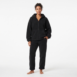 Conjunto de dos piezas de invierno para mujer: Sudadera con capucha de forro polar Sherpa con cremallera completa y chándal de corte holgado con hombros caídos, ecológico. - Product Image 1