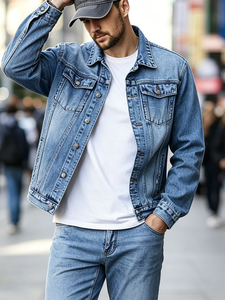 Veste en jean classique pour homme, bleu délavé vintage, veste en jean décontractée, veste en jean en coton de haute qualité pour homme, streetwear, vêtements d'extérieur - Product Image 5