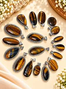 Juego de Colgantes Artesanales Bohemios con Piedra Ojo de Tigre, Marcos Ornamentados de Aleación Plateada Piedra Natural con Forma de Gota de Agua Vintage - Product Image 1