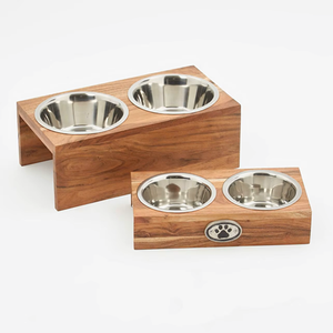 Mangeoire surélevée en bois d'acacia pour chien, support pour chat, 2 plats en métal fabriqués à la main, avec plusieurs finitions et tailles. - Product Image 1