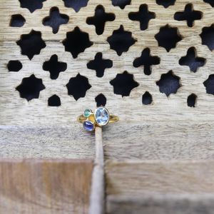 Anillo Clásico de Plata de Ley 925 Chapado en Oro con Topacio Azul y Cianita para Mujer, Joyería para Bodas - Product Image 3